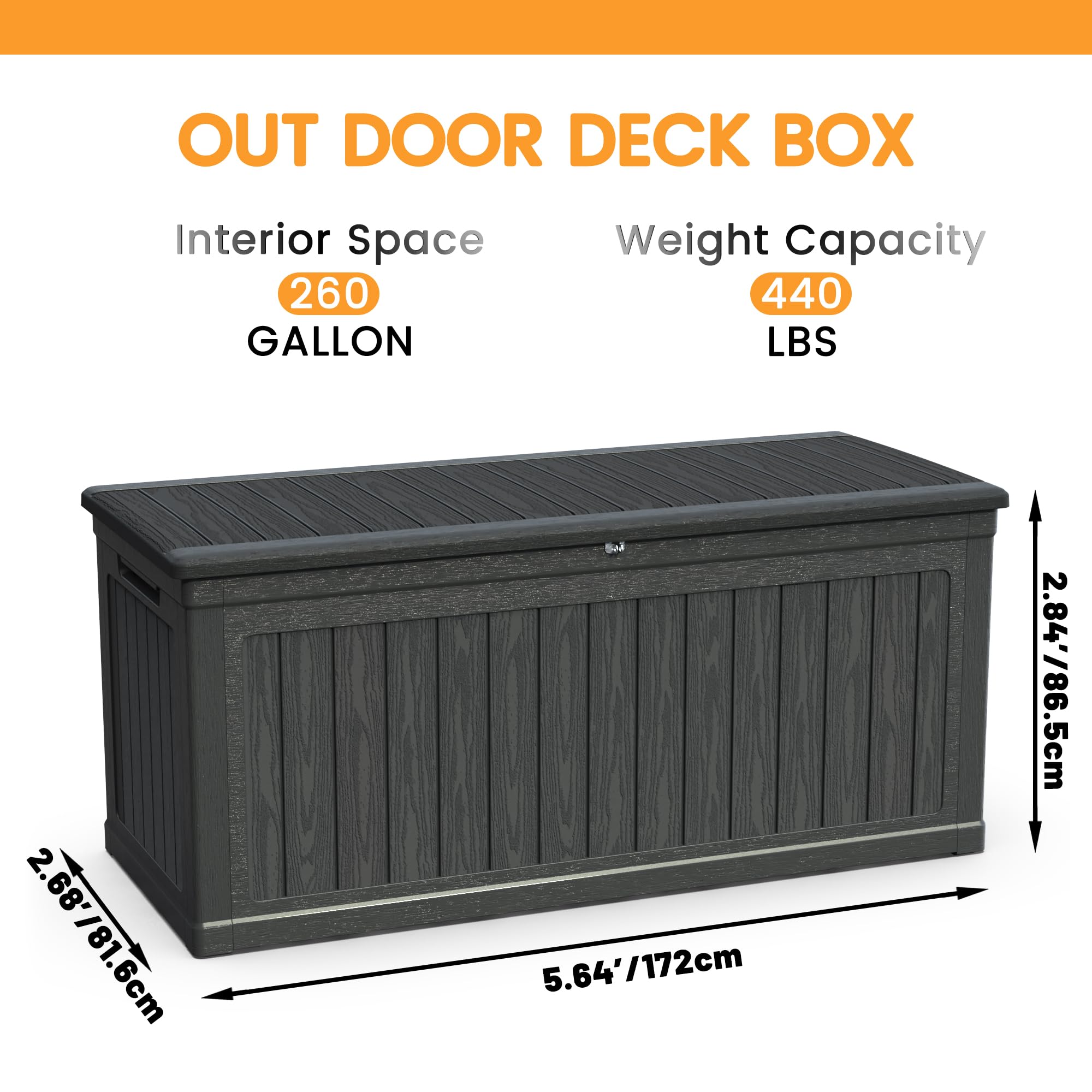 BLUECC Outdoor Deck Box Waterproof, Extra Large Plastic Patio Storage Cabinet with Lockable Black 68"*32"*34"