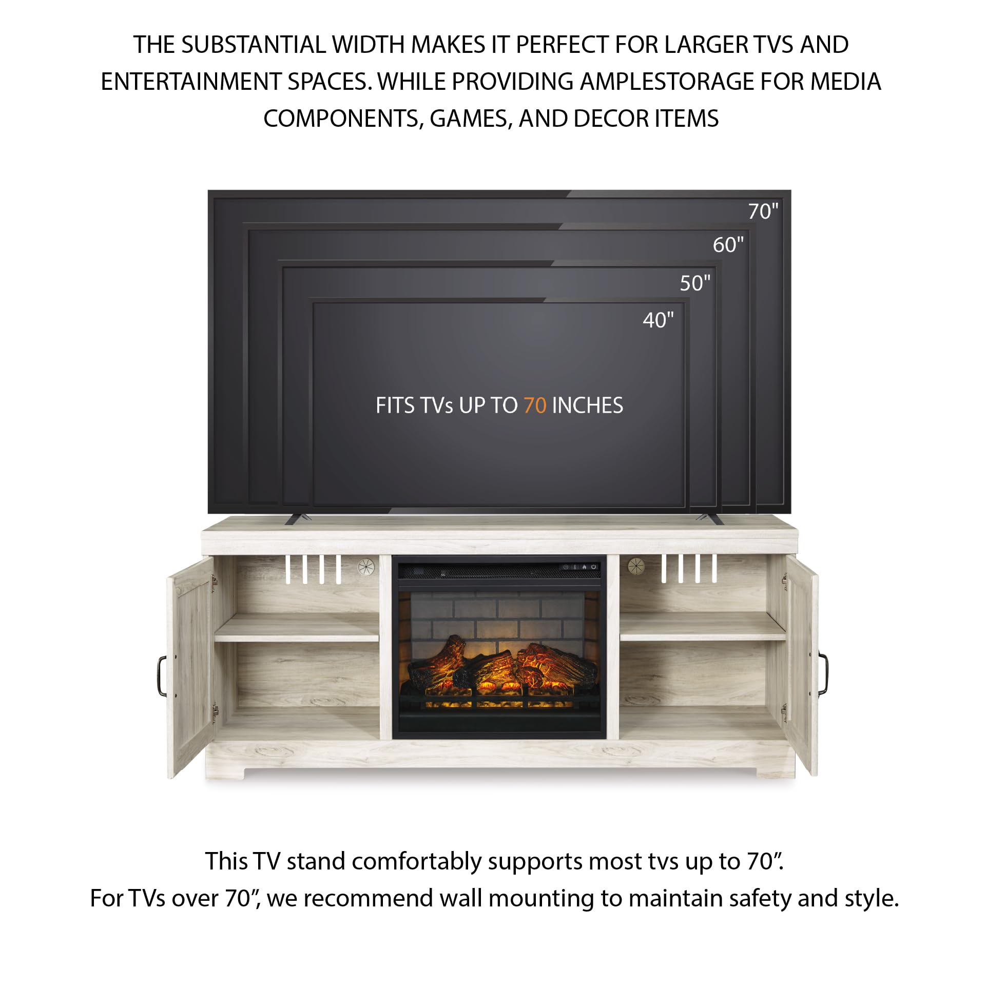 Signature Design by Ashley Bellaby Farmhouse 63" TV Stand with Electric Fireplace for TVs up to 72", Whitewash