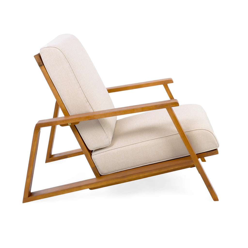 Christopher Knight Home Smeb Lounge Chair Outdoor with Cushions, Acacia Wood Adirondack Chair, Slatted Design Side Chair, Extra Seating for Balcony Backyard Poolside Garden, Teak + Beige