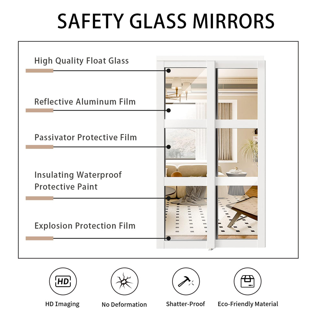 SOLRIG Mirror Closet Doors, Sliding Closet Doors for 60in (30.98in x 2) x 80in Openings, 3-Lite Mirror Design, Includes Hardware Track Kit and Floor Guide, Pre-Drilled for Easy Assembly, MDF, White