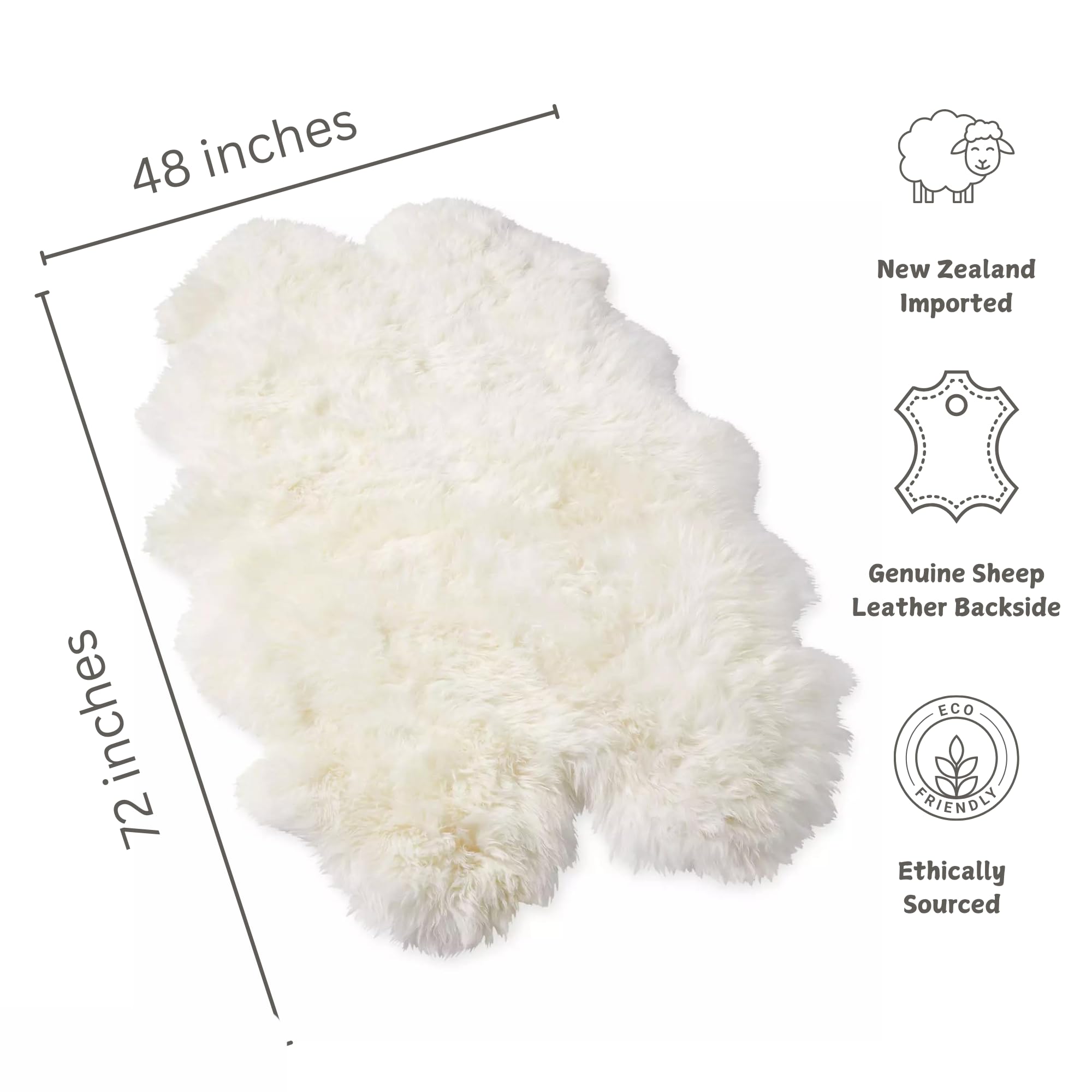 Woolous Sheepskin Rug 4x6 ft - Large Genuine New Zealand Lambskin Wool Quad Pelt Sheep Skin Fur Throw Area Rug for Nursery, Bedroom, and Living Room Decor (Ivory-White)