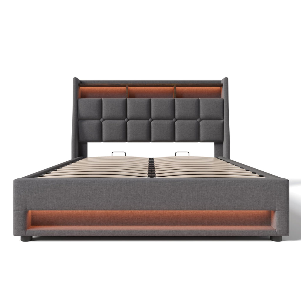 DNYN Full Size Upholstered Lift Up Storage Bed with Stylish Headboard & Linen Fabric & USB Ports Design,Solid Wood Platform Bedframe w/Hydraulic System,No Box Spring Need & Super Save Space, Gray