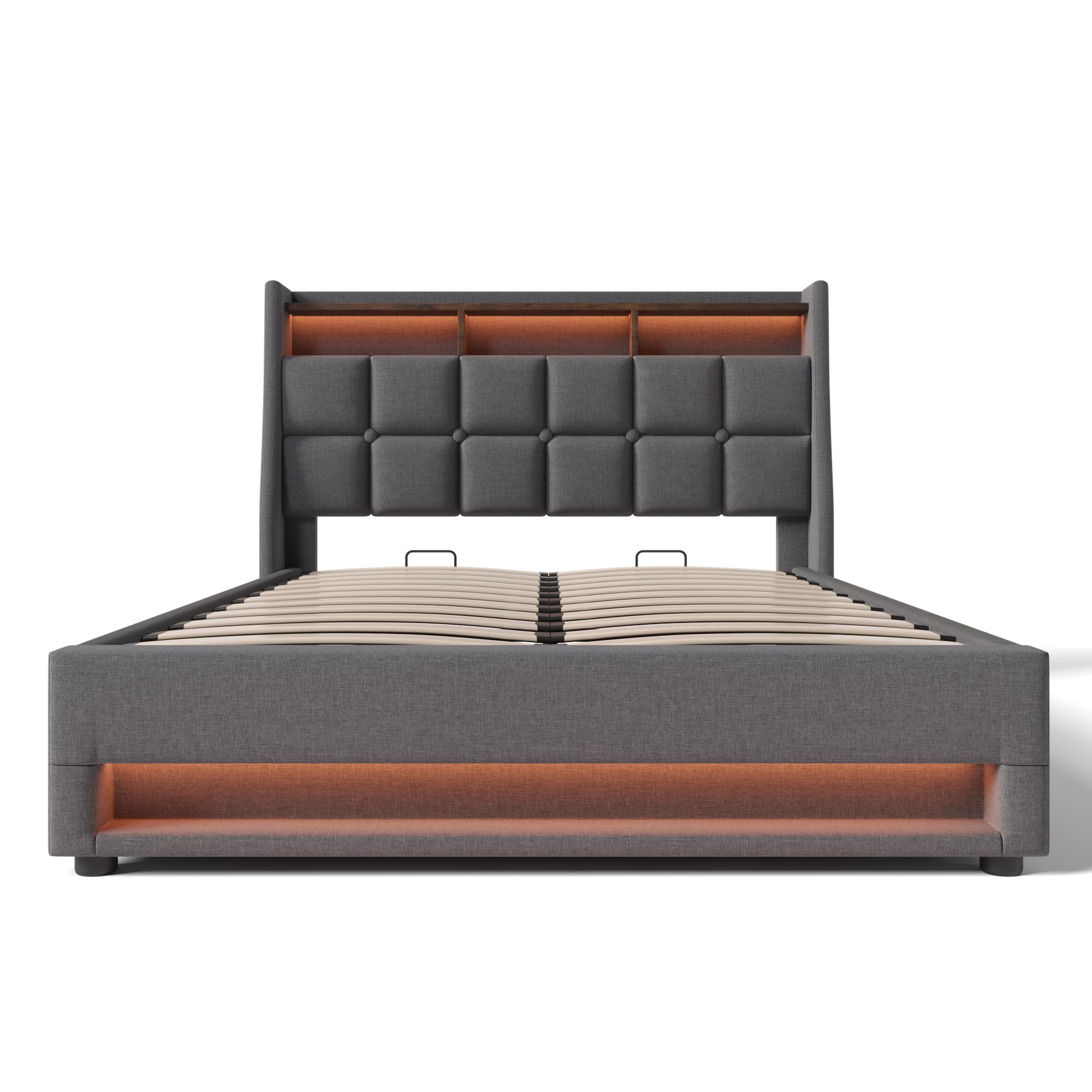 DNYN Full Size Upholstered Lift Up Storage Bed with Stylish Headboard & Linen Fabric & USB Ports Design,Solid Wood Platform Bedframe w/Hydraulic System,No Box Spring Need & Super Save Space, Gray