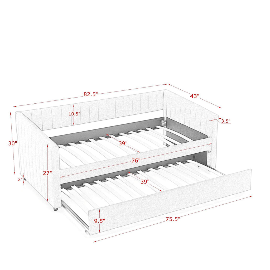 KEIKI Twin Size Upholstery Daybed with Erectable Trundle and Vertical Stripes, Twin to King Design Extendable Linen Sofa Bed, Easy Assembly, No Box Spring Required, for Living Room and Bedroom, Grey