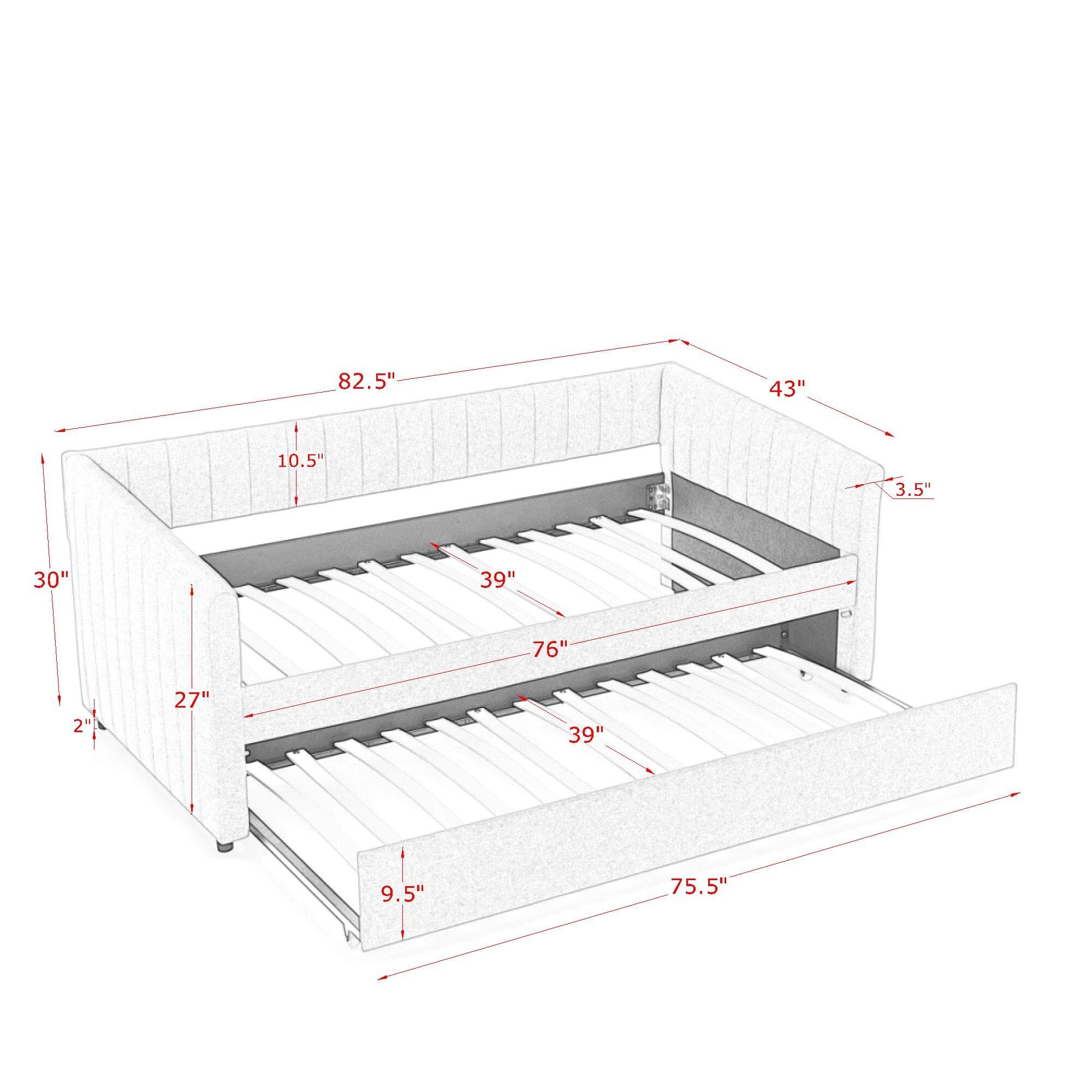 KEIKI Twin Size Upholstery Daybed with Erectable Trundle and Vertical Stripes, Twin to King Design Extendable Linen Sofa Bed, Easy Assembly, No Box Spring Required, for Living Room and Bedroom, Grey