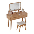 DONGMUWUJEE Solid Wood Vanity and Vanity Stool Bundle, Vanity Set with Mirror and Lights and Stool, Wood Vanity Desk and Chair Set, Makeup Vanities & Vanity Benches (Vanity 39.4 inch Wide, Natural)