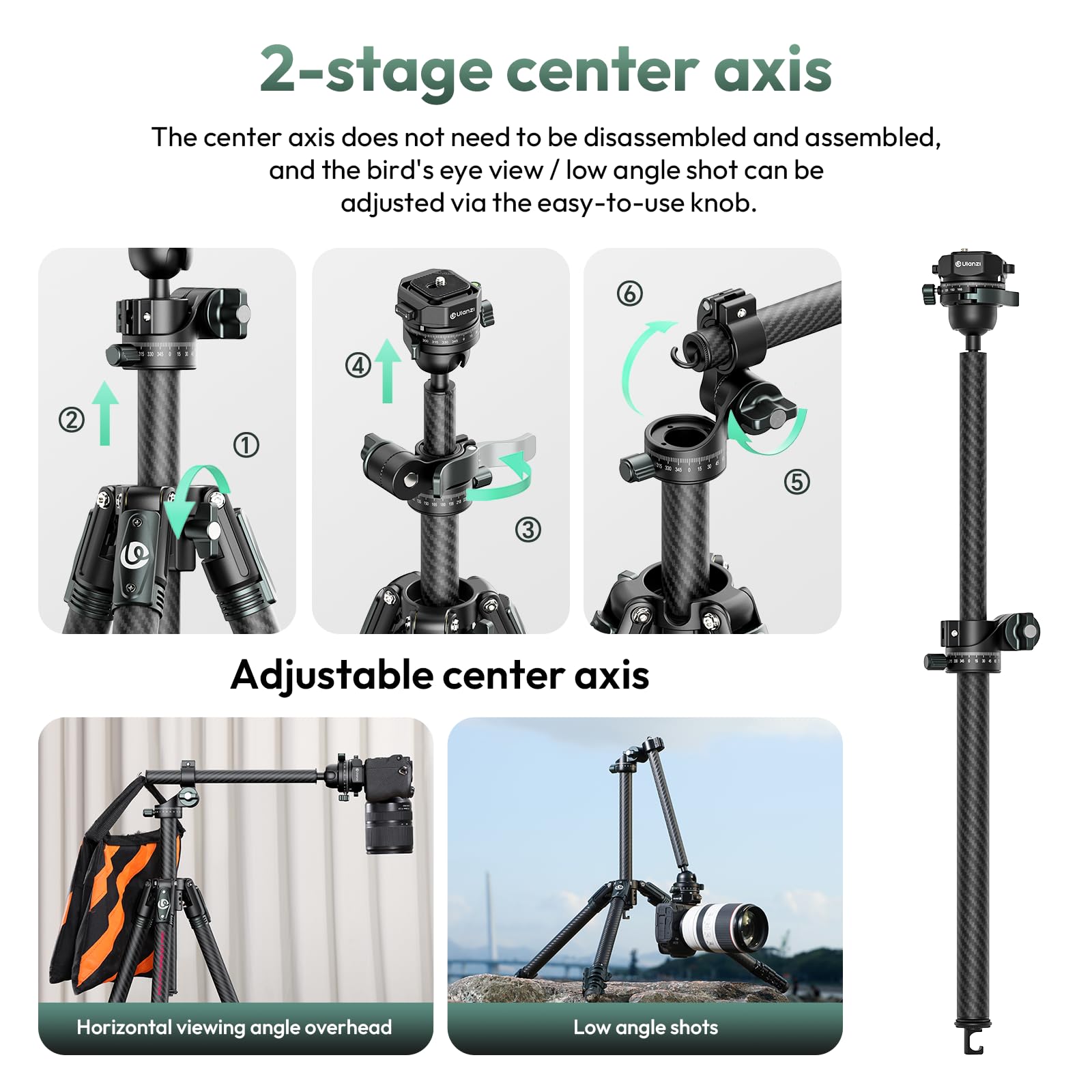 ULANZI JJ05 GlideGo Carbon Fiber Photo Tripod, Dual 360° Pan Head, 72.4 inch Max Height, 11 lb Load, UKA Quick Release, Professional Portable Lightweight Travel Tripod with Bag