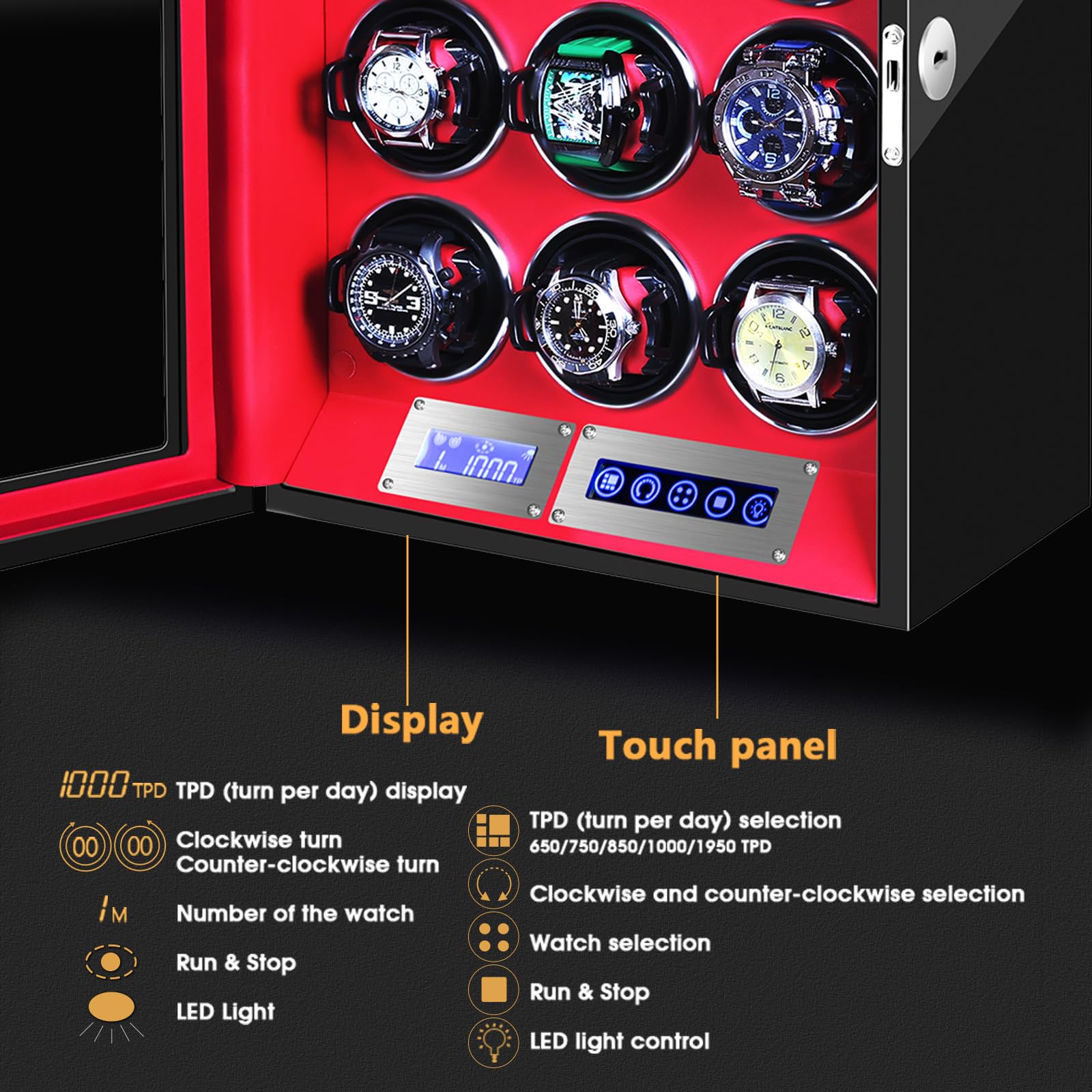 SNEOLTJN Watch Winder for 12 Slots Automatic Watches, Ultra-Quiet Japanese Motors, Built-in LED Illumination and LCD Touchscreen Control
