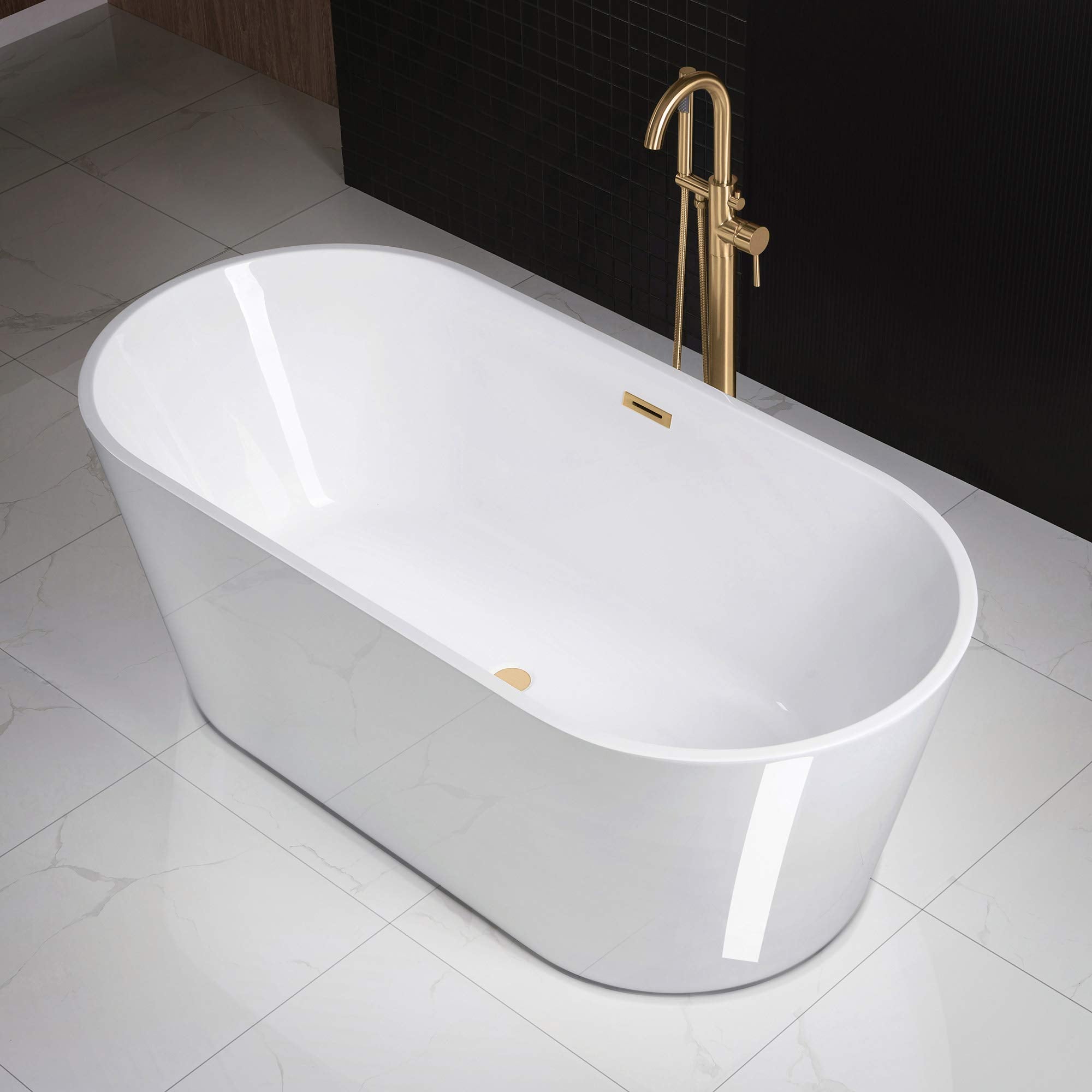 WOODBRIDGE 67" Acrylic Freestanding Bathtub Contemporary Soaking White Tub with Brushed Gold Overflow and Drain，B0013 -BG-Drain &O
