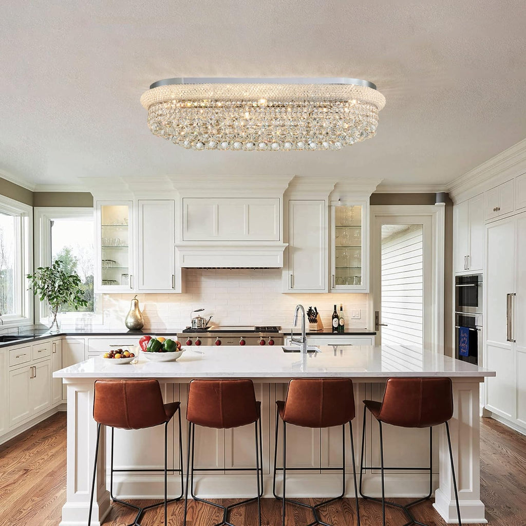 TMAFON Modern Rectangle Ceiling Crystal Chandelier - Length 36 inches Fulsh Mounting Chandeliers, Oval Light Fixtures for Living Dining Room, Bedroom