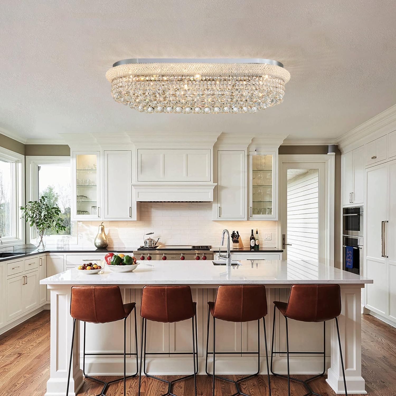 TMAFON Modern Rectangle Ceiling Crystal Chandelier - Length 36 inches Fulsh Mounting Chandeliers, Oval Light Fixtures for Living Dining Room, Bedroom