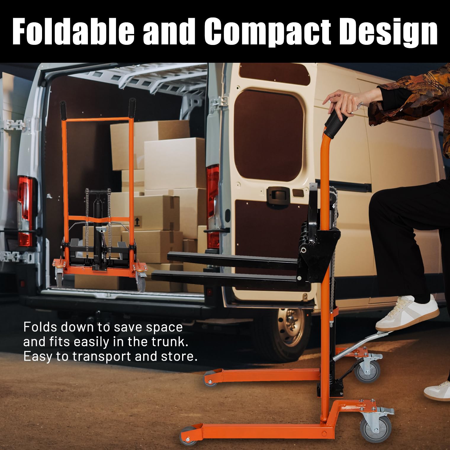 Reykilor Hydraulic Material Lift Winch Stacker w/Wheels, Foldable Forklift Pallet Stakcer, Heavy Duty Rolling Manual Lift Table, Adjustable Pallet Truck Carrier Dolly Fork Lift for Warehouse Garage