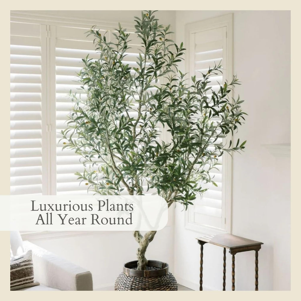 CG Hunter Designer Faux Olive Tree, Premium Handmade Artificial Indoor Tree Stands 8-ft Tall, Lifelike-Leaves & Hand Painted Trunk, Black Grower Pot Included