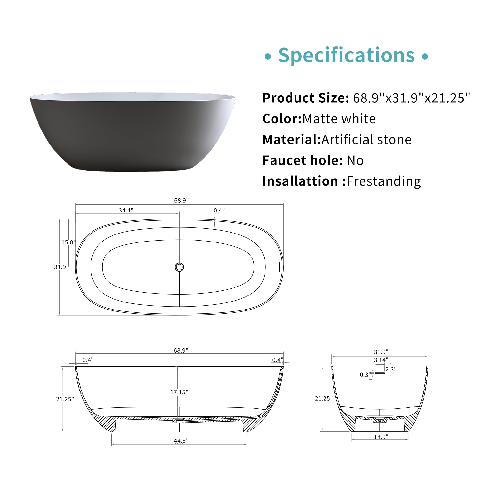 GDFStudio 69" Solid Surface Freestanding Bathtub, Matte White Stone Resin Soaking Tub with Overflow and Pop-Up Drain, Thick Edge Oval Stand Alone Deep Soaker Tub for Modern Bathroom Spa Relaxation