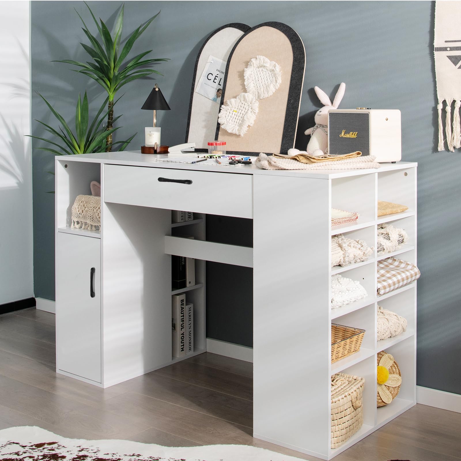 Giantex Craft Table with Storage, Artwork Sewing Table 14 Large & Small Storage Compartments, 1 Sliding Drawer, 1 Cabinet with 2 Shelves, 36'' Counter Height Drafting Writing Sewing Station Desk