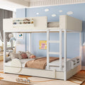 KEIKI Queen Over Queen Size Bunk Bed with Trundle, Pine Solid Wood Triple Bunk Beds Frame with Bookshelf, Guardrail, Slat and Ladders, Automobile Form Design bunkbed for Kids Teens & Adults