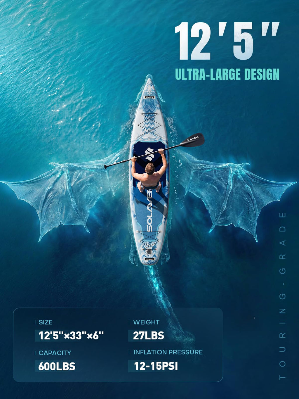 SOLAVERO Inflatable Stand Up Paddle Board, Adventure 12.5'×33" Extra Large SUP with Premium Accessories, Anti-Slip EVA Deck for Adults 600lb Capacity Upgraded Paddleboard for River, Ocean