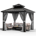 GarveeLife 10x10 ft Double Roof Hardtop Gazebo, Heavy Duty Galvanised Steel Hardtop Pavilion with Nettings and Curtains, Aluminum Gazebo for Patio, Terrace, Lawn and Deck, Grey