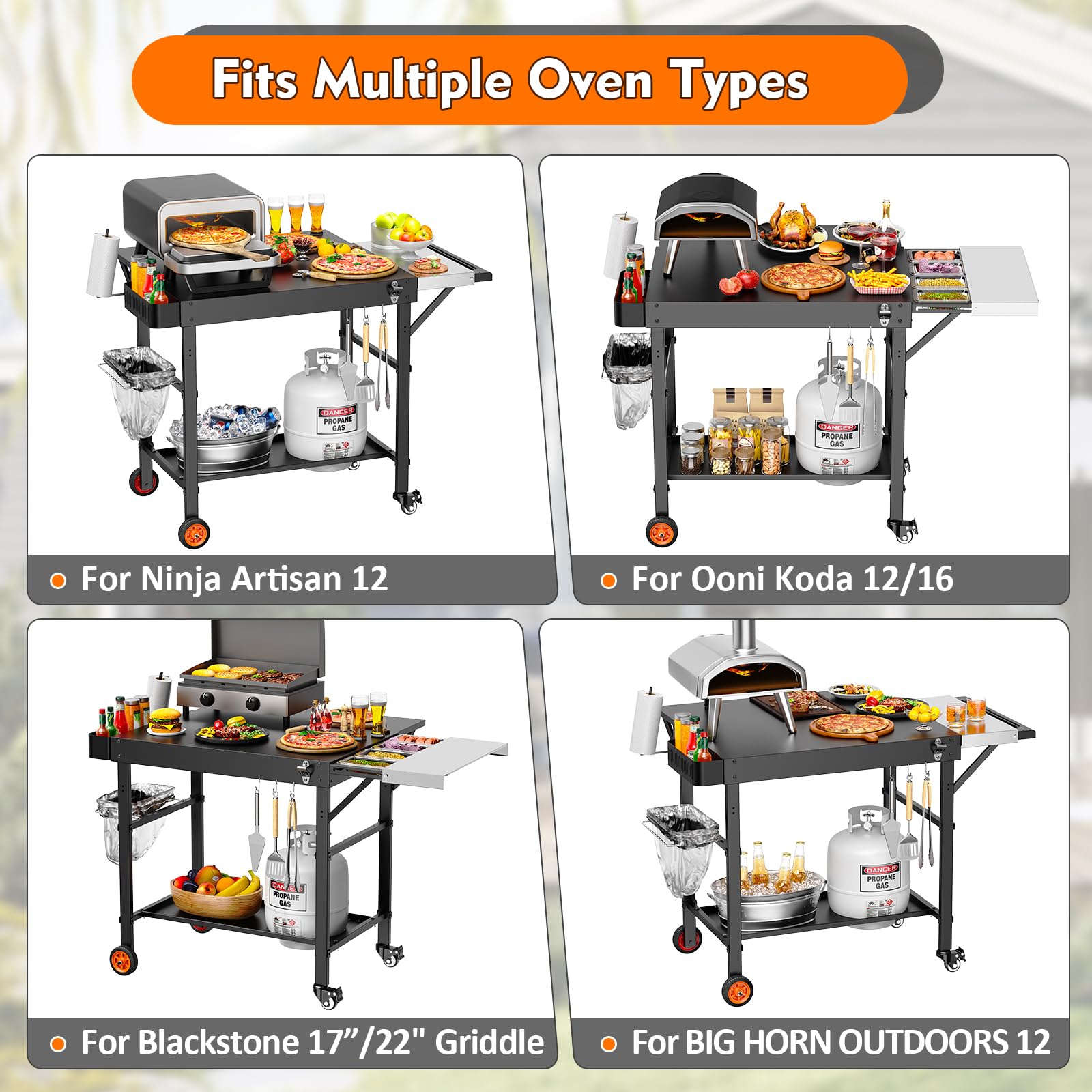 Outdoor Grill Cart for Pizza Oven, 28.8" Extra-Wide Pizza Oven Table, Heavy Duty Grill Cart with Pizza Topping Station, Grill Tables for Outside, Prep Station for Blackstone Griddle Accessories
