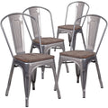 Flash Furniture Lincoln 4 Pack Clear Coated Metal Stackable Chair with Wood Seat