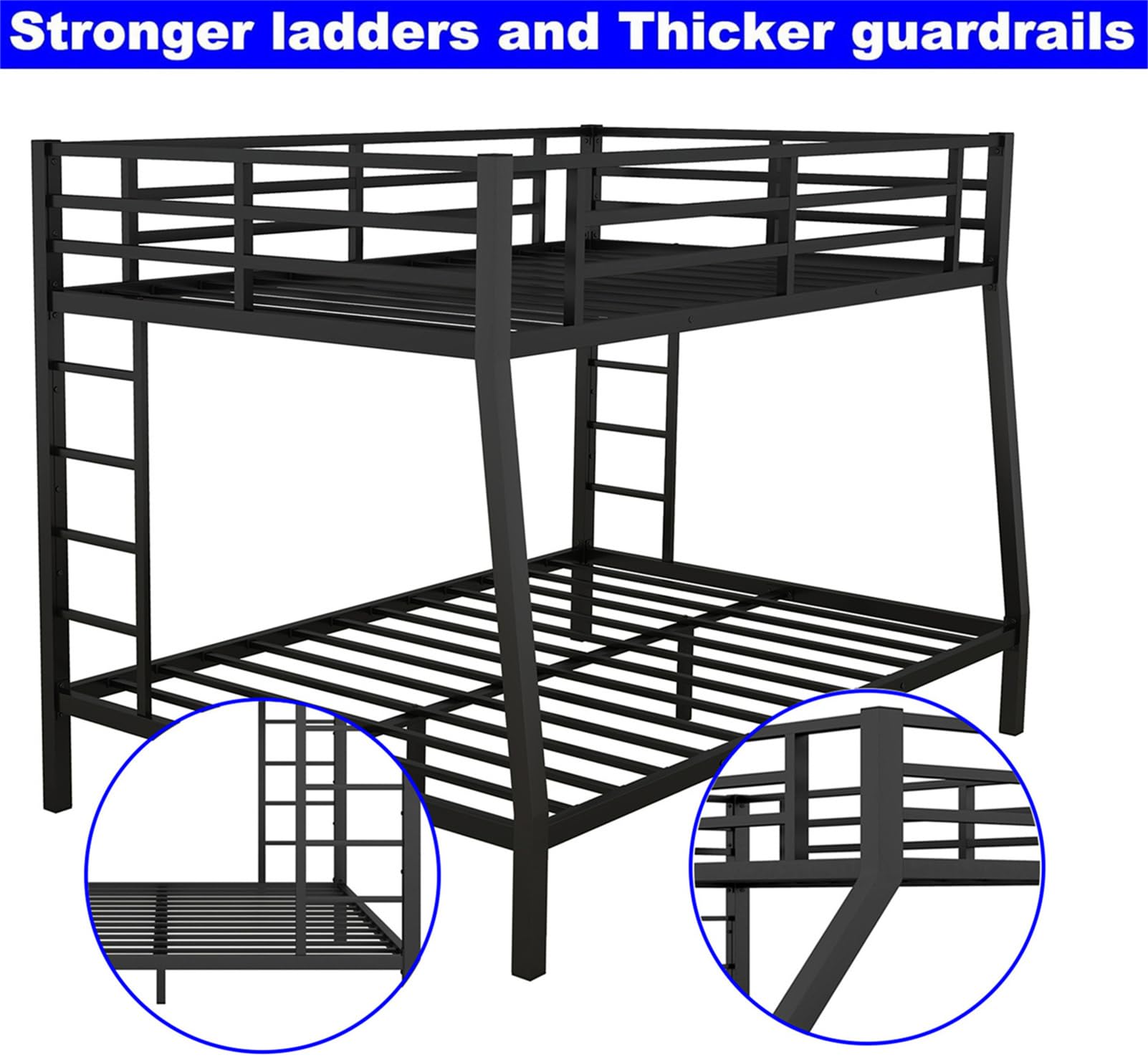 LEEKOUS Upgraded Version Heavy Duty Metal Full XL Over Queen Bunk Bed, Thicken Stronger Steel Full Over Queen Bunk Bed, Queen Size Bunkbed Frame for Adults, Easy Assembly, Black (Full XL Over Queen)