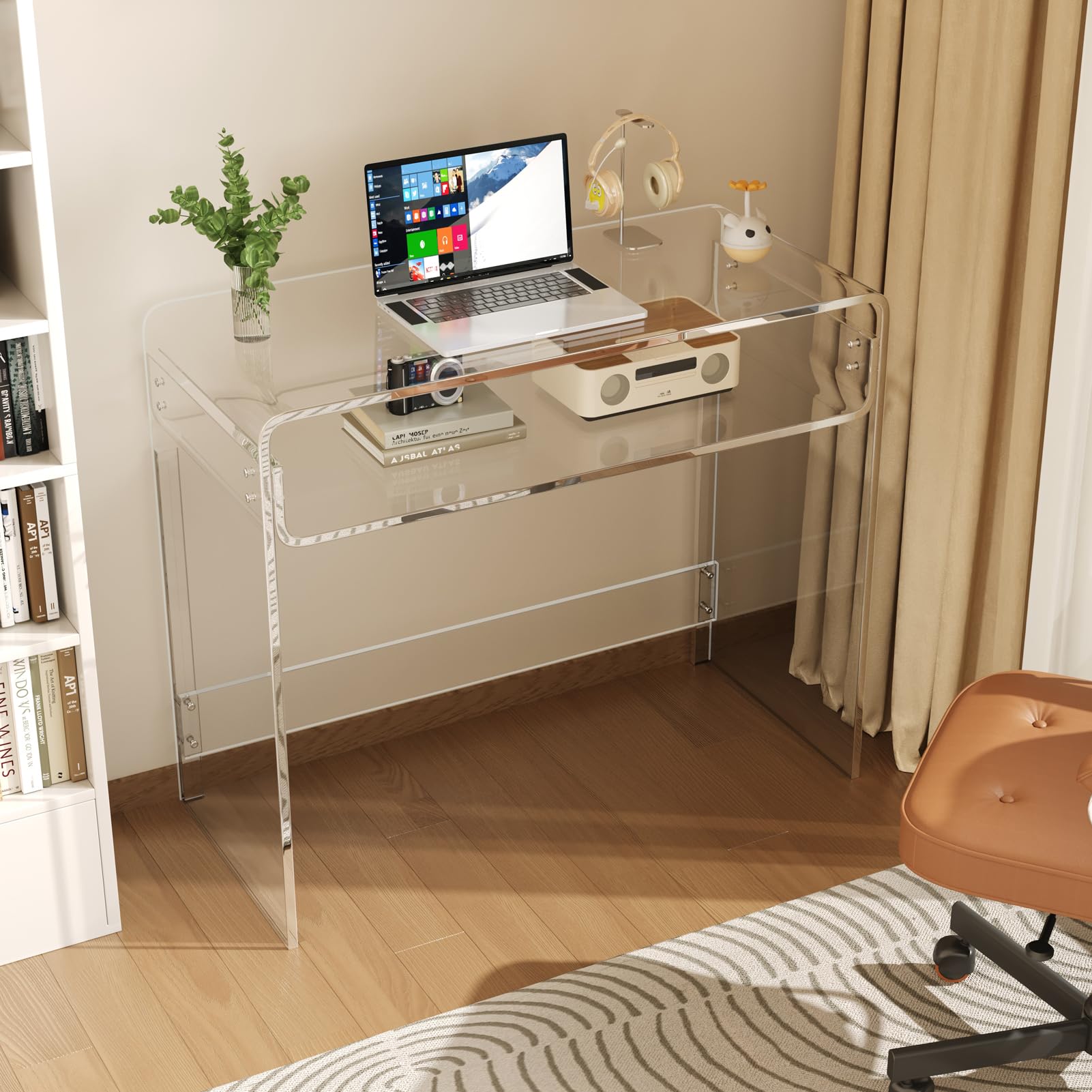 XOHYW Acrylic Office Desk, Modern Laptop Writing Study Table with Open Storage, Transparent Console Entryway Table, 33.5" L x 15.8" W x 29.5" H, for Home, Bedroom (Clear)