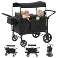 Stroller Wagon for 4 Kids, 4 Seater Wagon Stroller with Convertible Seats Footrests, Snack Tray, Storage Bag, Removable Canopy, Wagon Stroller 4 Seater with Double Push Handle (Black-Convertible)