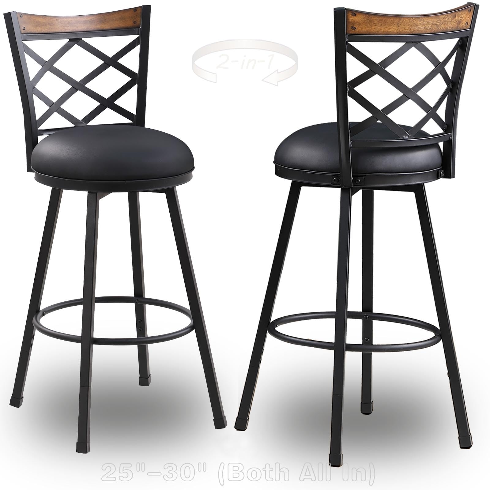 MIITODAY Set of 2 Swivel Bar Stools with Backs, 2-in-1 Adjustable 25"/30" Height, Farmhouse Kitchen Counter Chairs, Heavy Duty Industrial Metal & Black Faux Leather Seat