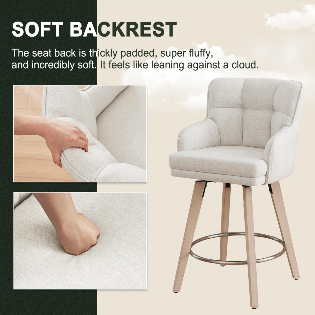 SAECKBERG 360°Swivel Counter Height Bar Stools with Back, 26 inch Solid Wood Legs, Bar Stool Modern Kitchen Island Chairs, Fabric (Beige- Fabric, 26" H- Set of 2)