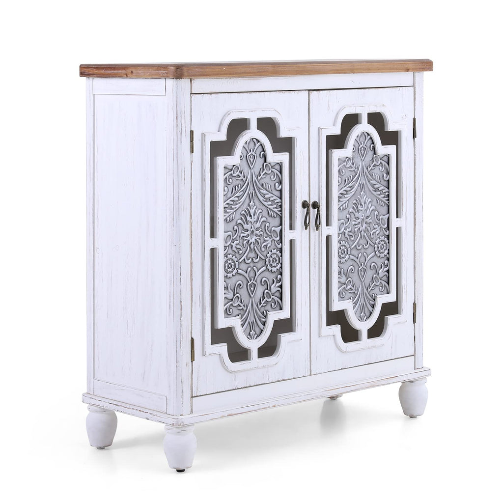 MAISON ARTS Accent Cabinet with 2 Doors, Farmhouse Decorative Storage Cabinet with Solid Wood Frame & Legs for Living Room Entryway Small Sideboard Buffet Cabinet, Metal Embossing Pattern