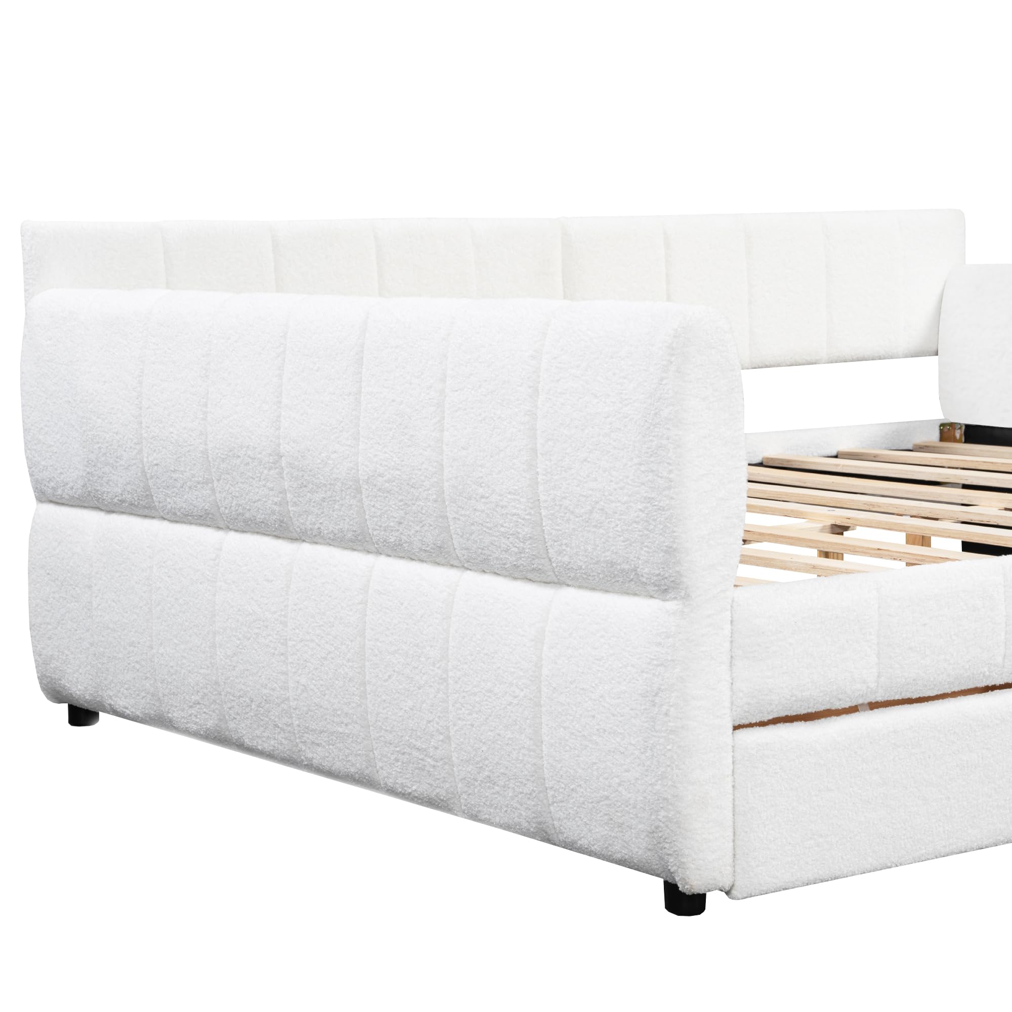 Merax Queen Size Lambswool Daybed, Upholstered Platform Day Bed with USB and 2 Drawers,U-Shaped Space Saving Corner Sofabed for Kids, Teens & Adults, Wood Slat Support,White