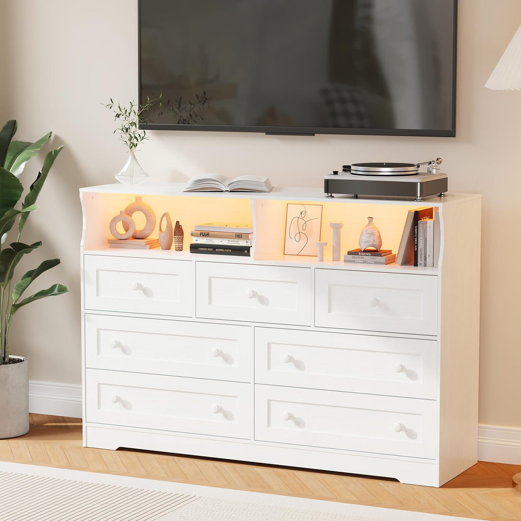IDEALHOUSE Dresser for Bedroom with 7 Drawers, LED Lights & Charging Station, Wooden Chest with 2 Open Compartments, Freestanding Storage Organizer for Closet, Nursery, Entryway, White