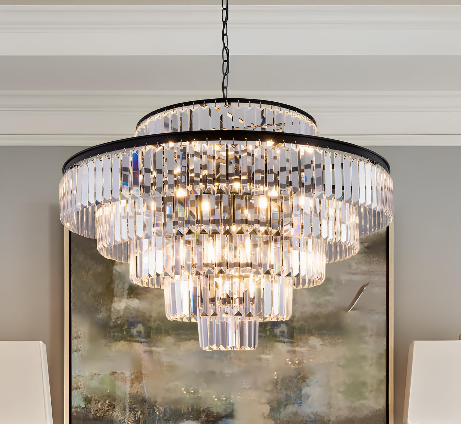 Wellmet Crystal Chandelier, 6-Tier Large Luxury Crystal Chandelier, 31'' Black Crystal Pendant Light for Living Room, Dining Room, Bedroom, Entryway, Hallway, Corridor,