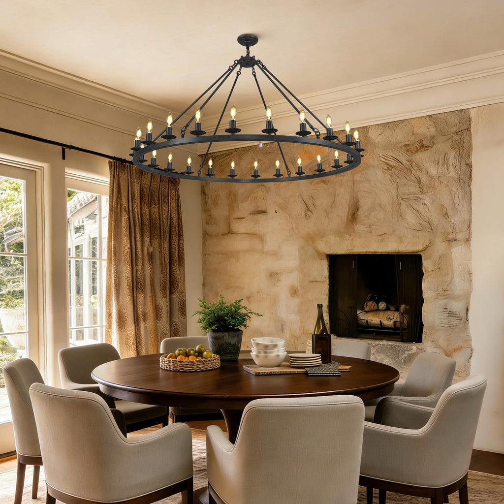 RWOGNLO 54" Black Large Wagon Wheel Chandelier, Farmhouse Round Chandeliers for Dining Room, 24-Light Modern Living Room Chandeliers Ceiling Fixtures for Bedroom, Foyer, Entryway, Staircase, Kitchen