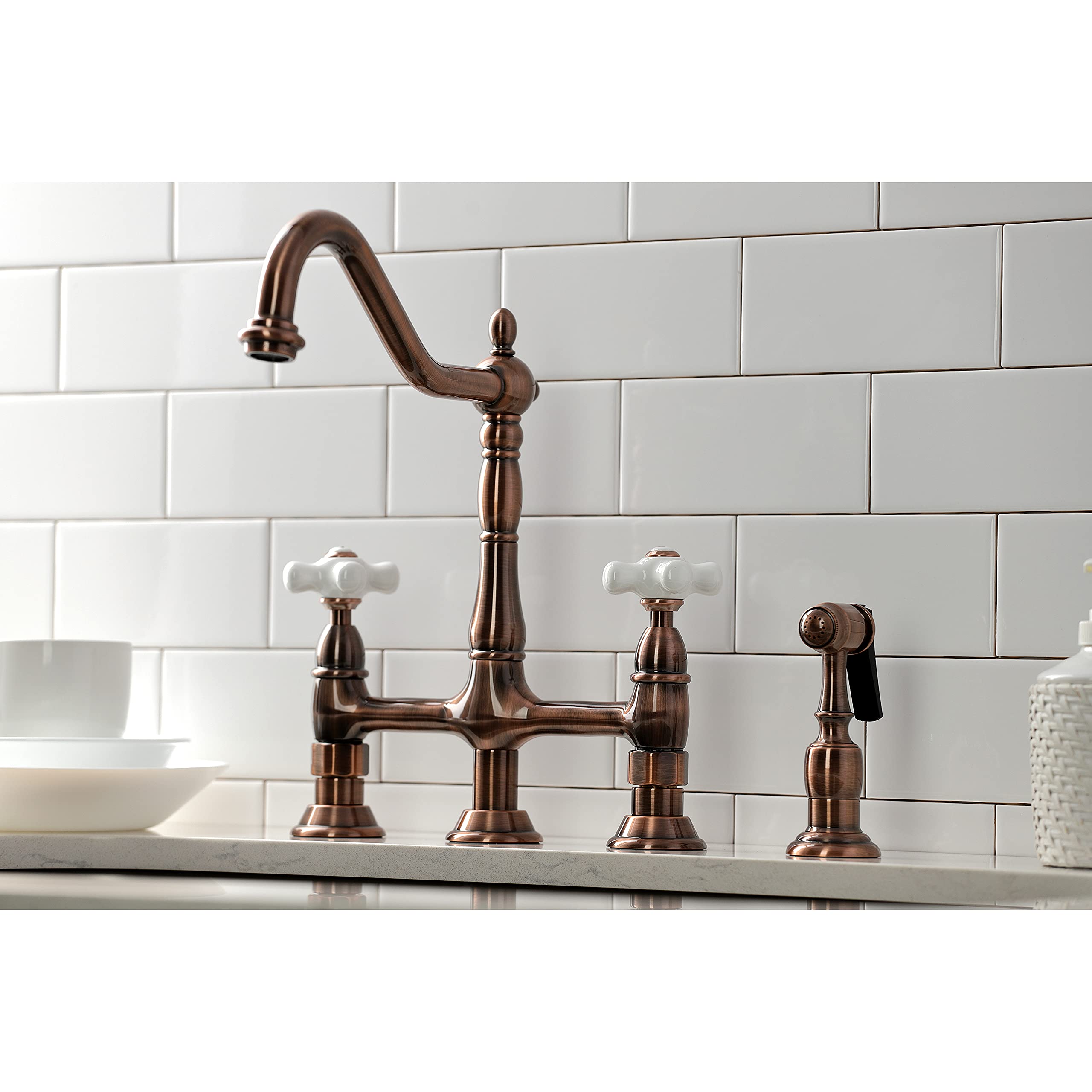 Kingston Brass KS127PXBSAC Heritage Bridge Kitchen Faucet with Brass Sprayer, Antique Copper