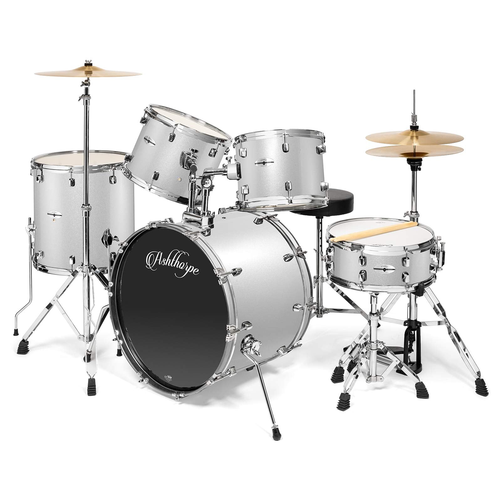 Ashthorpe 5-Piece Full Size Adult Drum Set with Remo Heads & Premium Brass Cymbals - Complete Professional Percussion Kit with Chrome Hardware - Silver