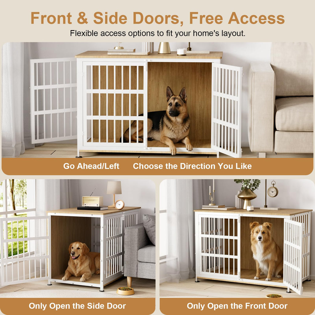 46" Dog Crate Furniture with Wheels, XXL Heavy Duty Dog Kennel Indoor for XL Dogs, Metal Chew-Proof Dog Cage, 45.9" L x 27.6" W x 32.4" H, Decorate House as TV Stand, End Table — Natural and White
