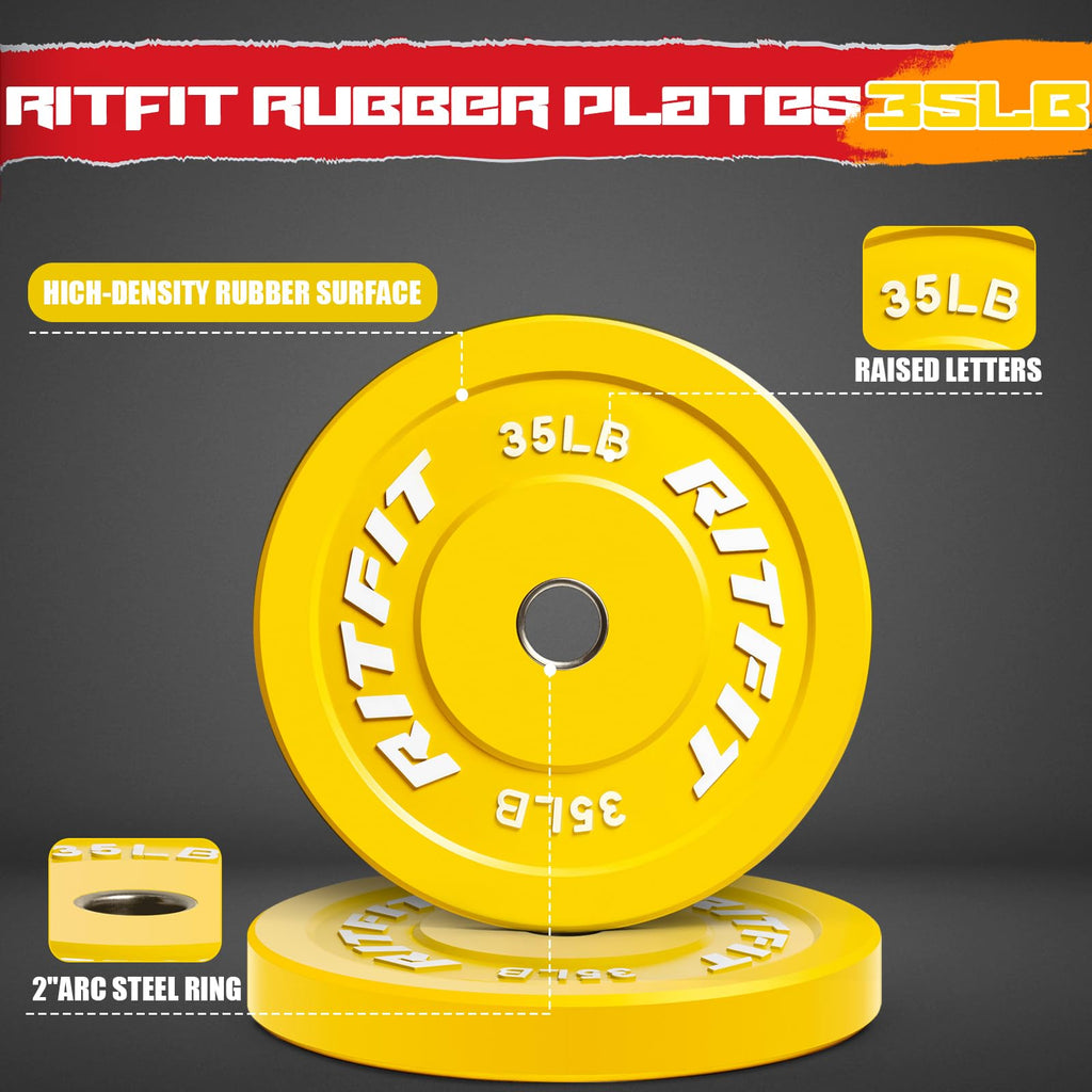 RitFit Color Coded Bumper Plate, Olympic Bumper Plate for Barbell, 2-Inch Bumper Weight Plates With Steel Insert, rubber weight plates for Strength Training in Home Gym, 320LB Set