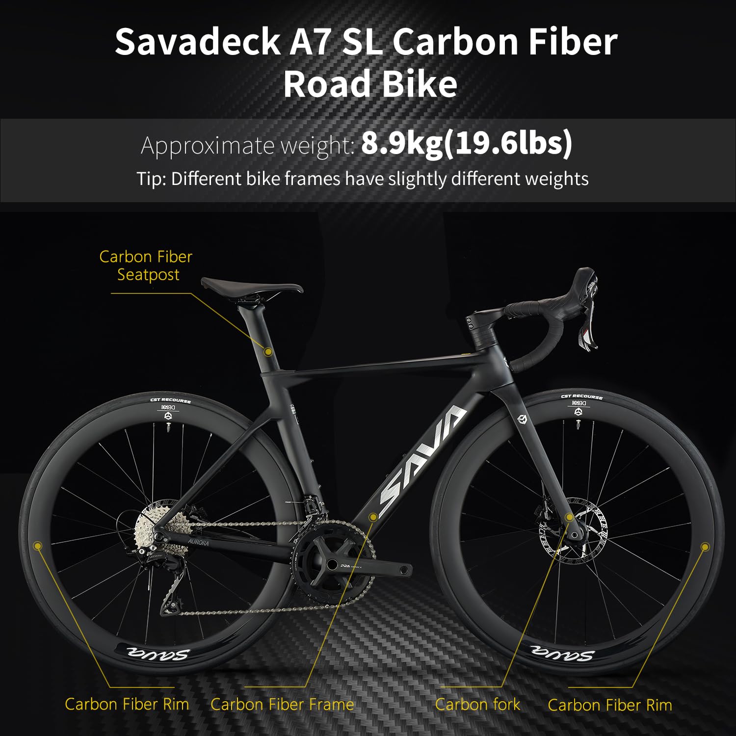 SAVADECK A7L Carbon Road Bike, T800 Carbon Fiber Frame 700C Racing Bicycle with Shimano 105 R7100 24 Speed Groupset and Hydraulic Disc Brake, Ultra-Light Carbon Bike for Man and Women(White,51cm)