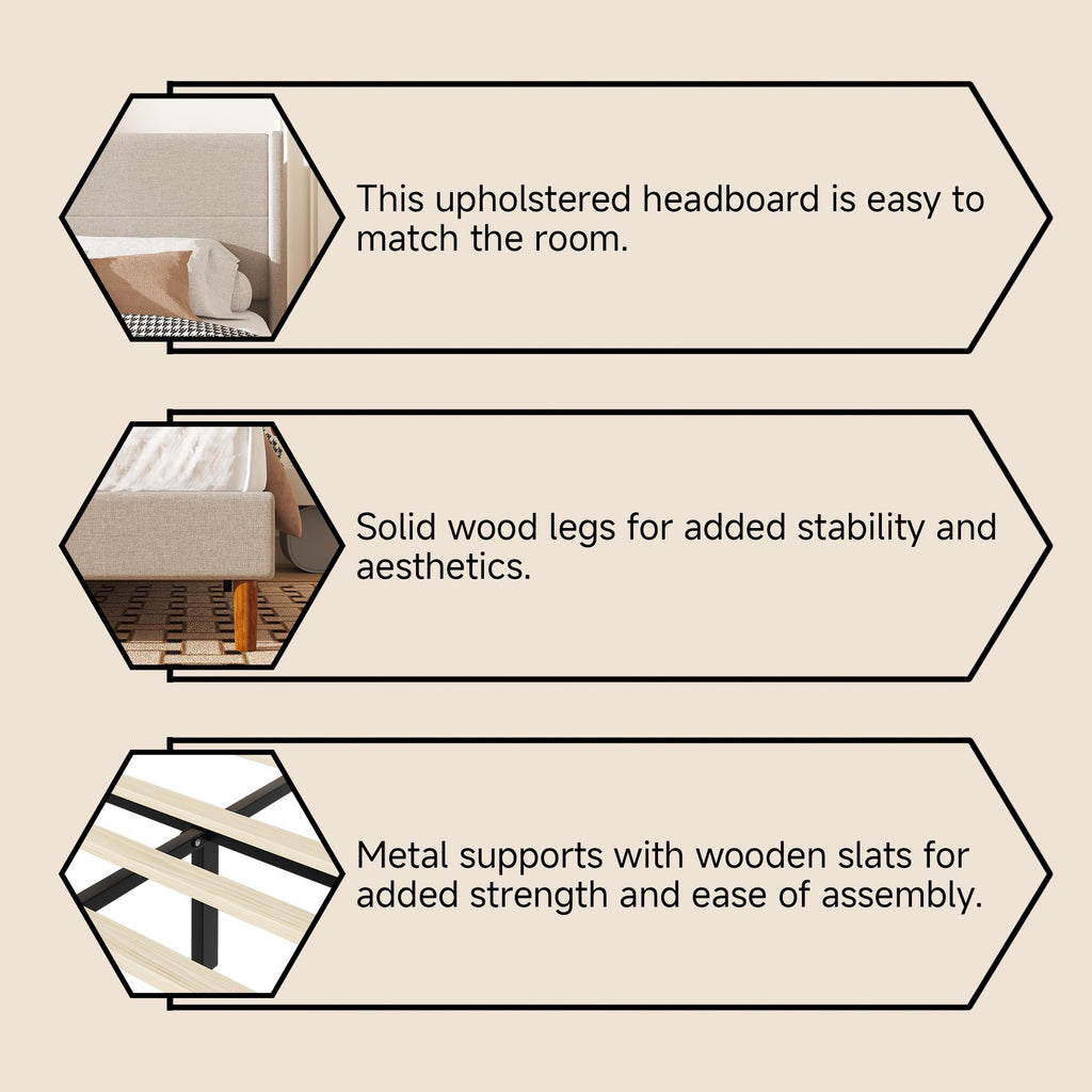 Mxhtcewz King Size Bed Frame, Linen Upholstered Platform with Wingback Headboard, Wooden Slats Support, No Box Spring Needed, Easy Assembly, Beige