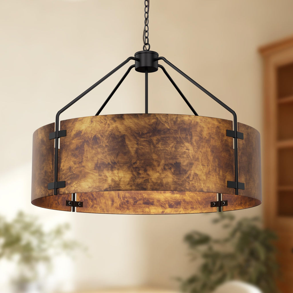 Espird Farmhouse Drum Chandelier, 6-Light, 30in Pendant Light Fixture with Chain, Kitchen Island Pendant Over Table, Rustic Industrial Chandelier for Dining Room, Bedroom, Living Room, Foyer