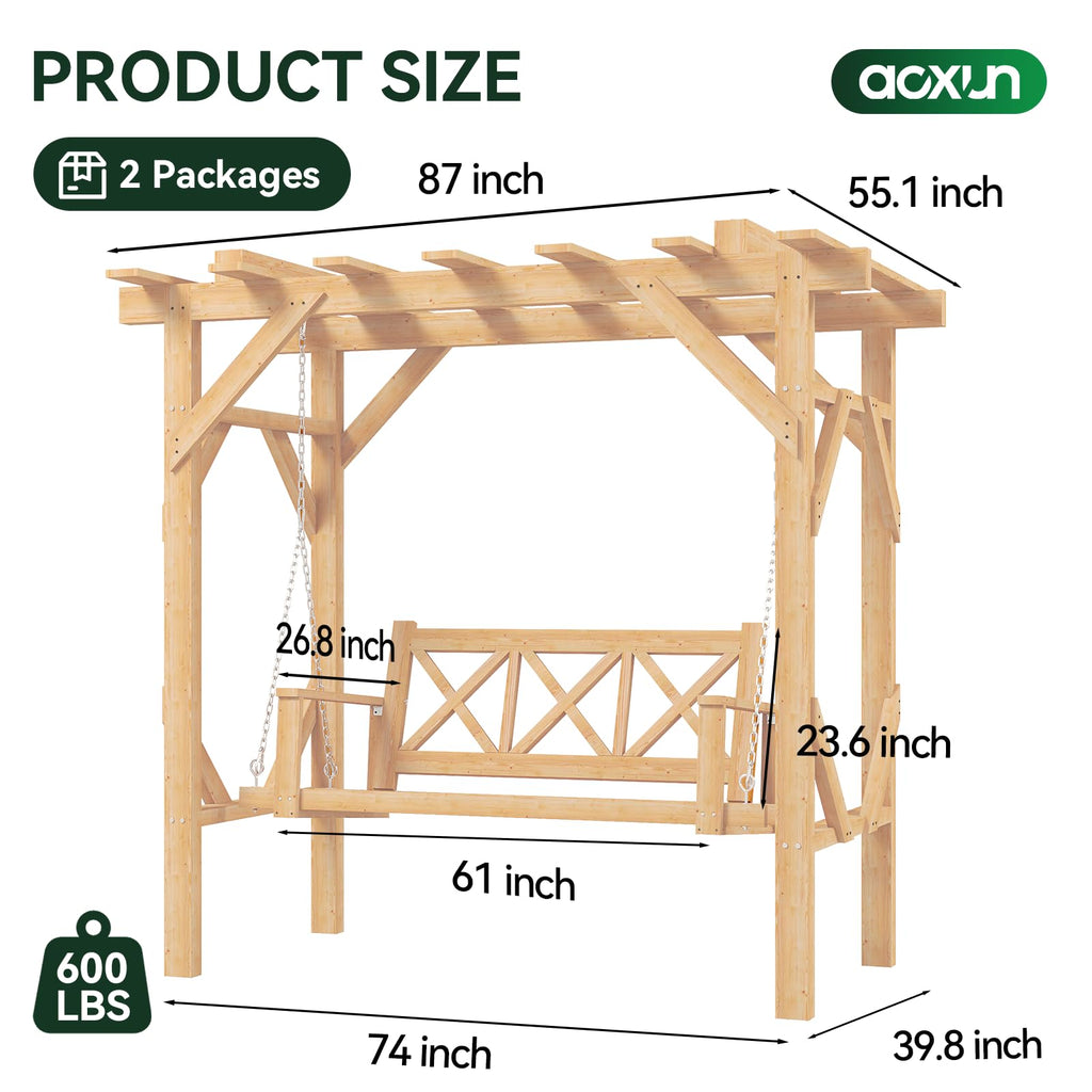 Aoxun Cedar Wood Outdoor Pergola Swing Bench, Porch Swing with Stand, 3-Seat Hammock Patio Swing Set with Canopy，Metal Chains for Backyard, Garden, Natural