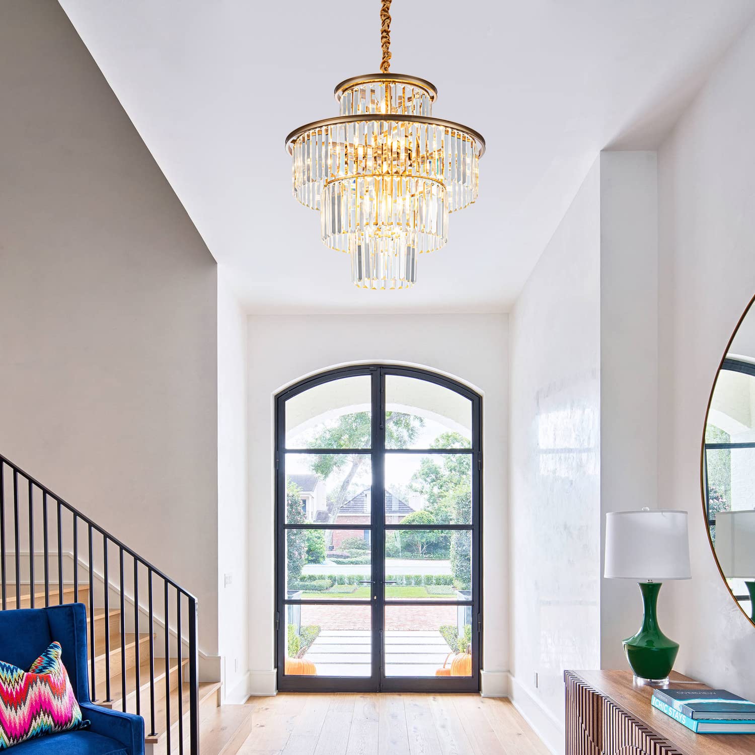 lighceac 23" 14-Light Modern Crystal Chandelier Light Fixtures 4-Tier Gold Luxury Chandeliers for Dining Room Round Hanging Pendant Lighting for Living Room Kitchen Entryway Bedroom Foyer Hallway