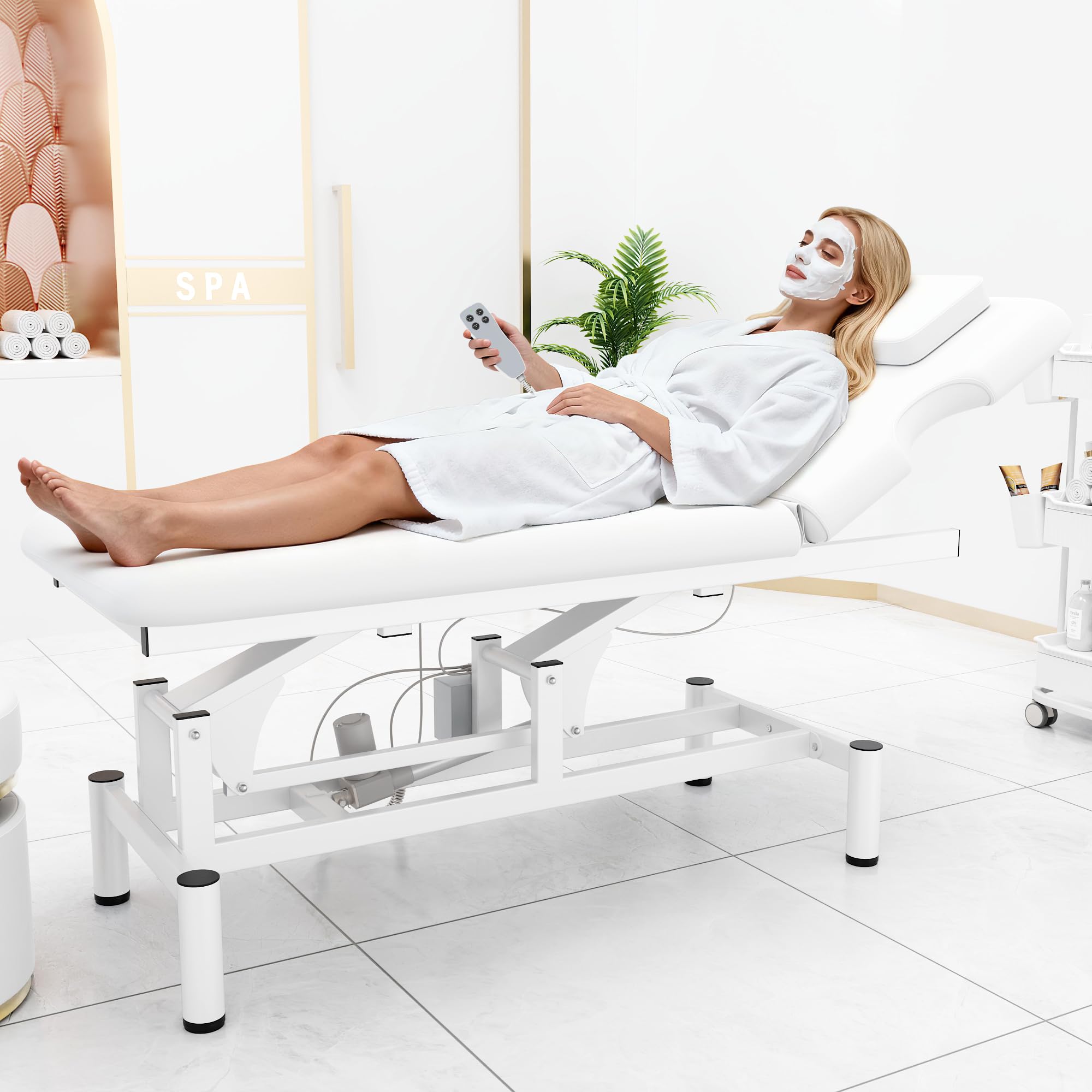 Professional Electric Massage Table, 2 Motors Hydraulic Electric Lift Adjustable Backrest and Height Lifting Functions for Treatment/Physical Therapy/Spinal Massage/Facial Spa/Waxing/Tattooing - White
