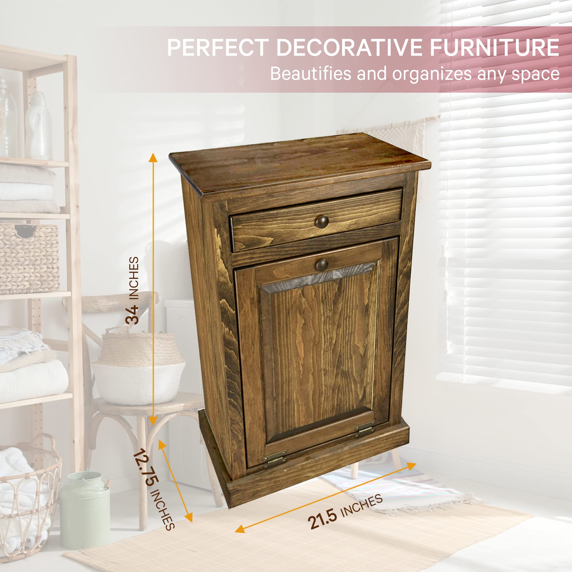 Peaceful Classics Wooden Tilt-Out Trash Bin Cabinet - Handmade Amish Pine Hideaway for Kitchen or Bathroom - Includes Storage Drawer (Special Walnut)