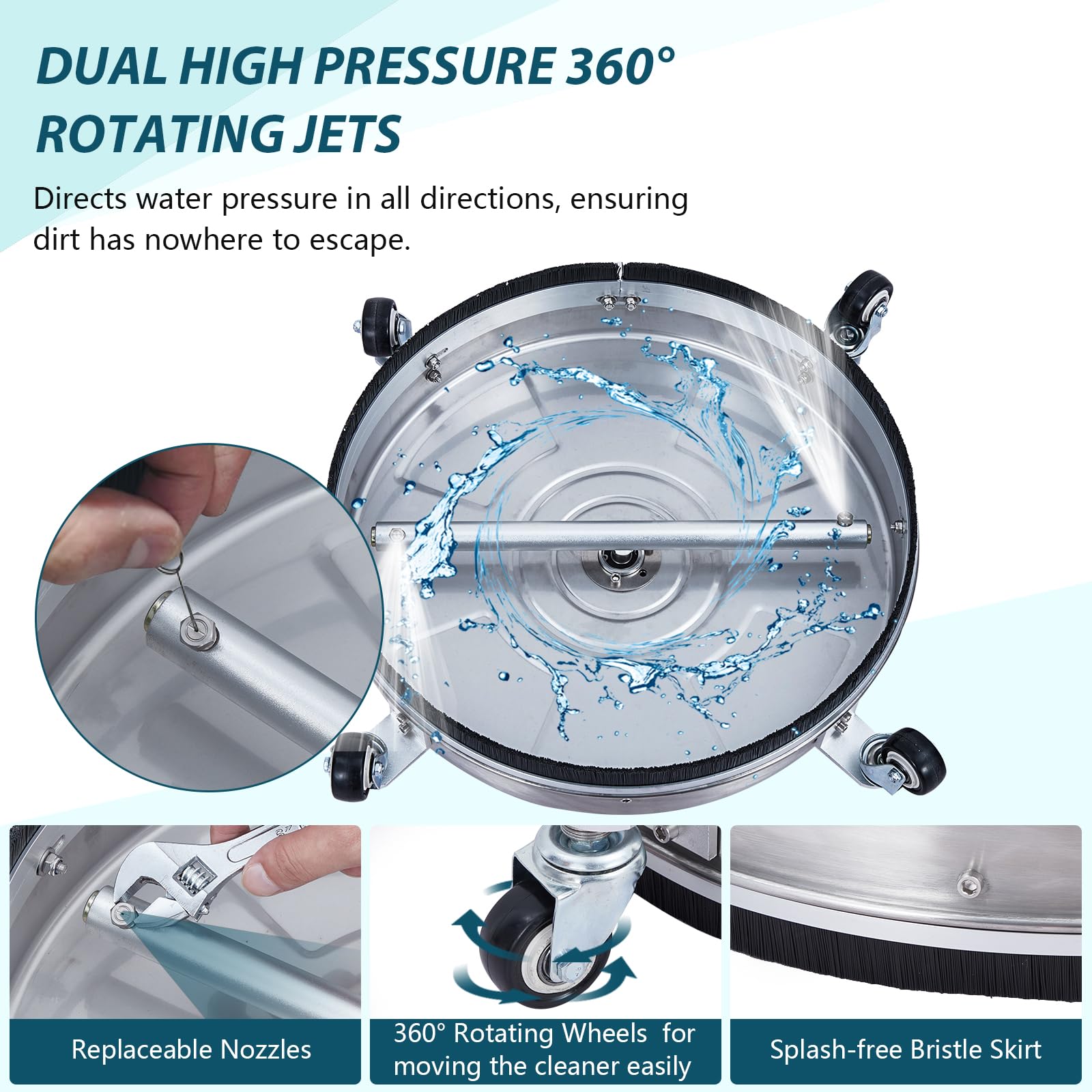 Pressure Washer Surface Cleaner w/Handles & Wheels, Stainless Steel Concrete Cleaner 4000 Max PSI, 3/8" Connector & 1/4" Adapter Power Washer Floor Attachment for Driveways, Sidewalks,Patios,Deck