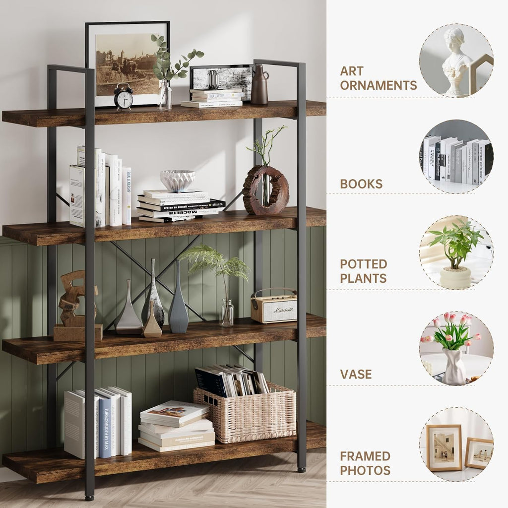 OtterOasis Bookshelf Set, Heavy Duty 4-Tier Industrial Bookcase, 47" Wide Wood Bookshelf for Home Office, 120lbs Shelf Capacity, Rustic Open Display with Horizontal Shelf for Living Room Bedroom