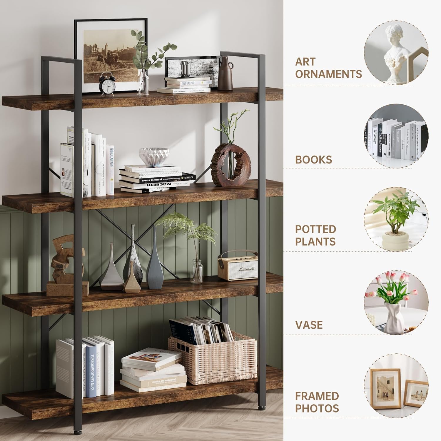 OtterOasis Bookshelf Set, Heavy Duty 4-Tier Industrial Bookcase, 47" Wide Wood Bookshelf for Home Office, 120lbs Shelf Capacity, Rustic Open Display with Horizontal Shelf for Living Room Bedroom