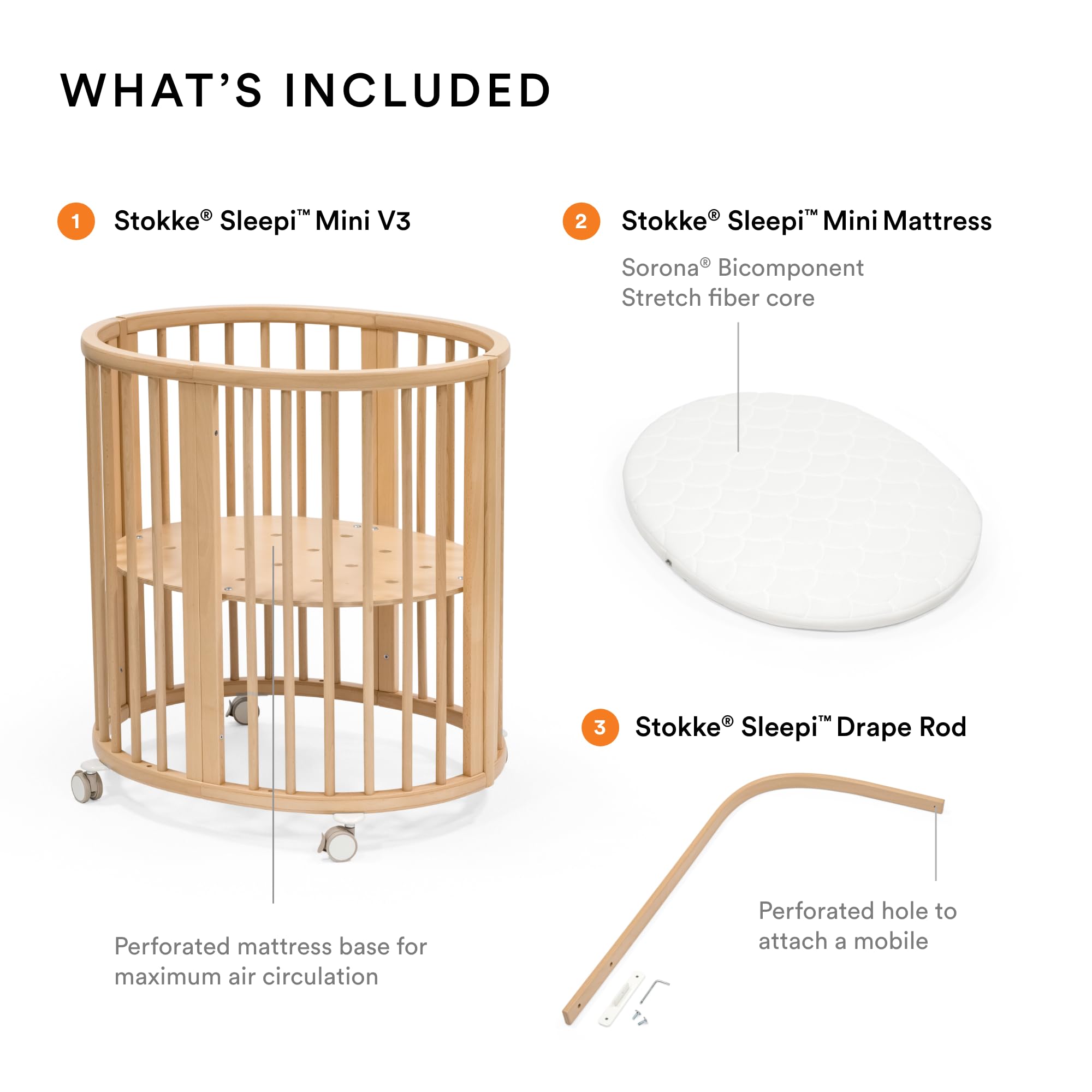 Stokke Sleepi Mini Bundle V3, Natural - Includes Sleepi Mini V3, Mattress & Drape Rod - Suitable for Ages 0-6 Months - Adjustable & Stylish