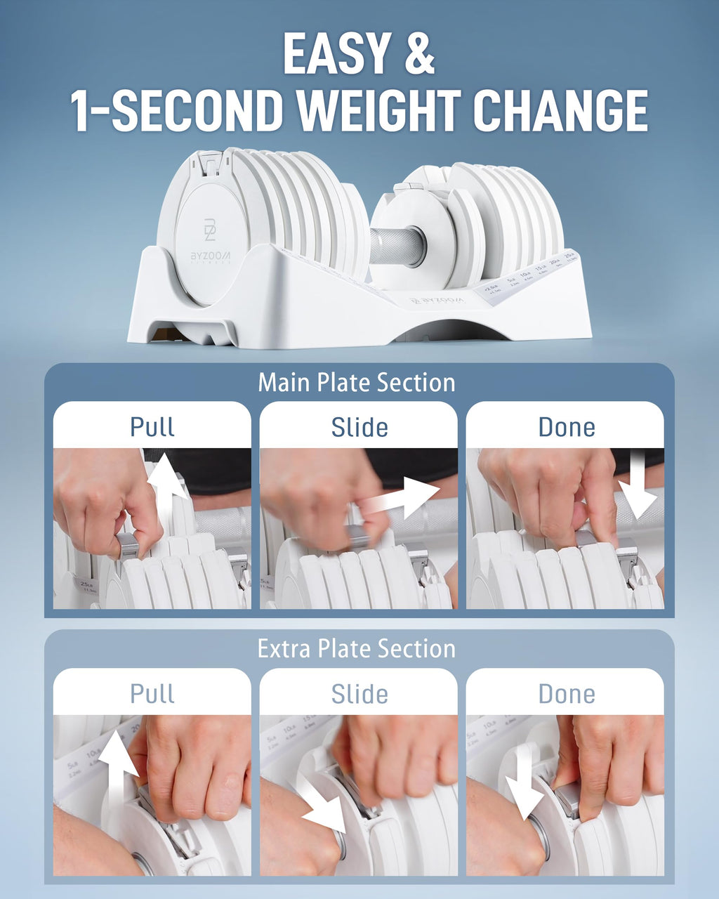 BYZOOM FITNESS Pure Series Adjustable Dumbbell 27.5LB Pair Set of 2 - 10-in-1 Adjustable Weights with Precision Micro Plates, for Strength Training & Fitness Workouts at Home Gym, Garage Gym, Small Apartments, White